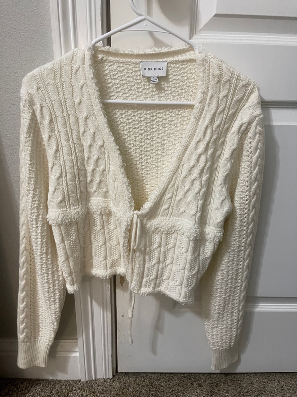 New without tag never worn. Pink Rose Cream Cable Knit Tie-Front Cardigan
